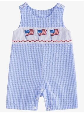 Blue Gingham Kids One-Piece with Flag Embroidery